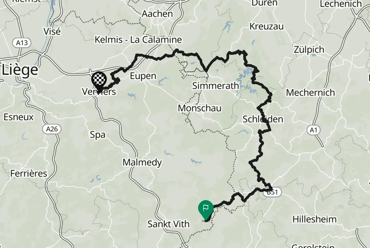 Route map of the Ardennes and Eifel day 2 motorcycle stage, from Sankt Vith to Verviers