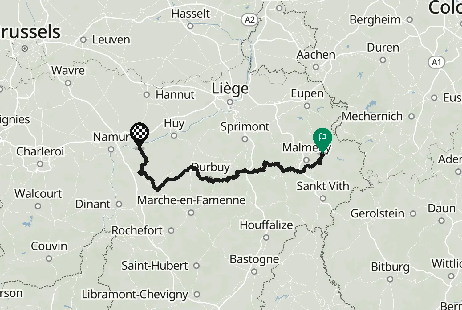 Route map of the motorcycle route from Robertville to Bonneville