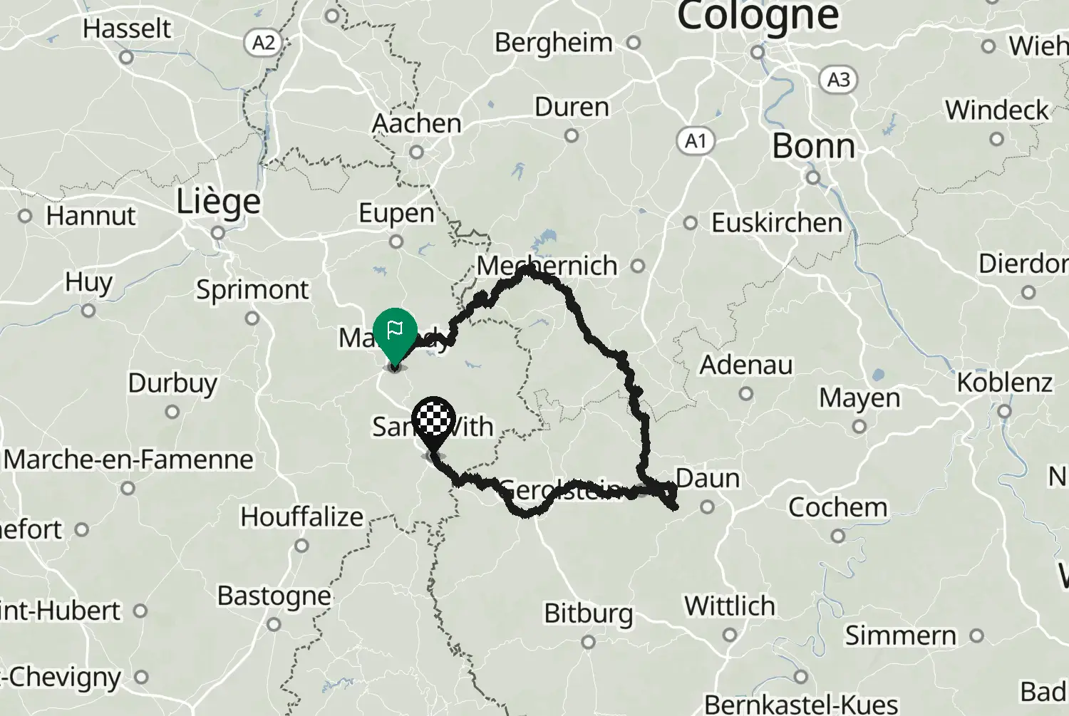 Route map of the De Eifel motorcycle route, from Malmedy to Sankt Vith
