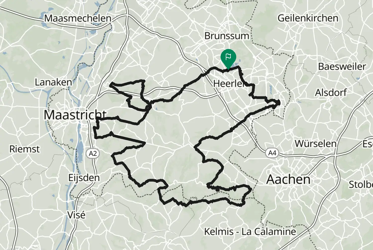 Route map of the Zuid-Limburg motorcycle loop from Heerlen in the Netherlands