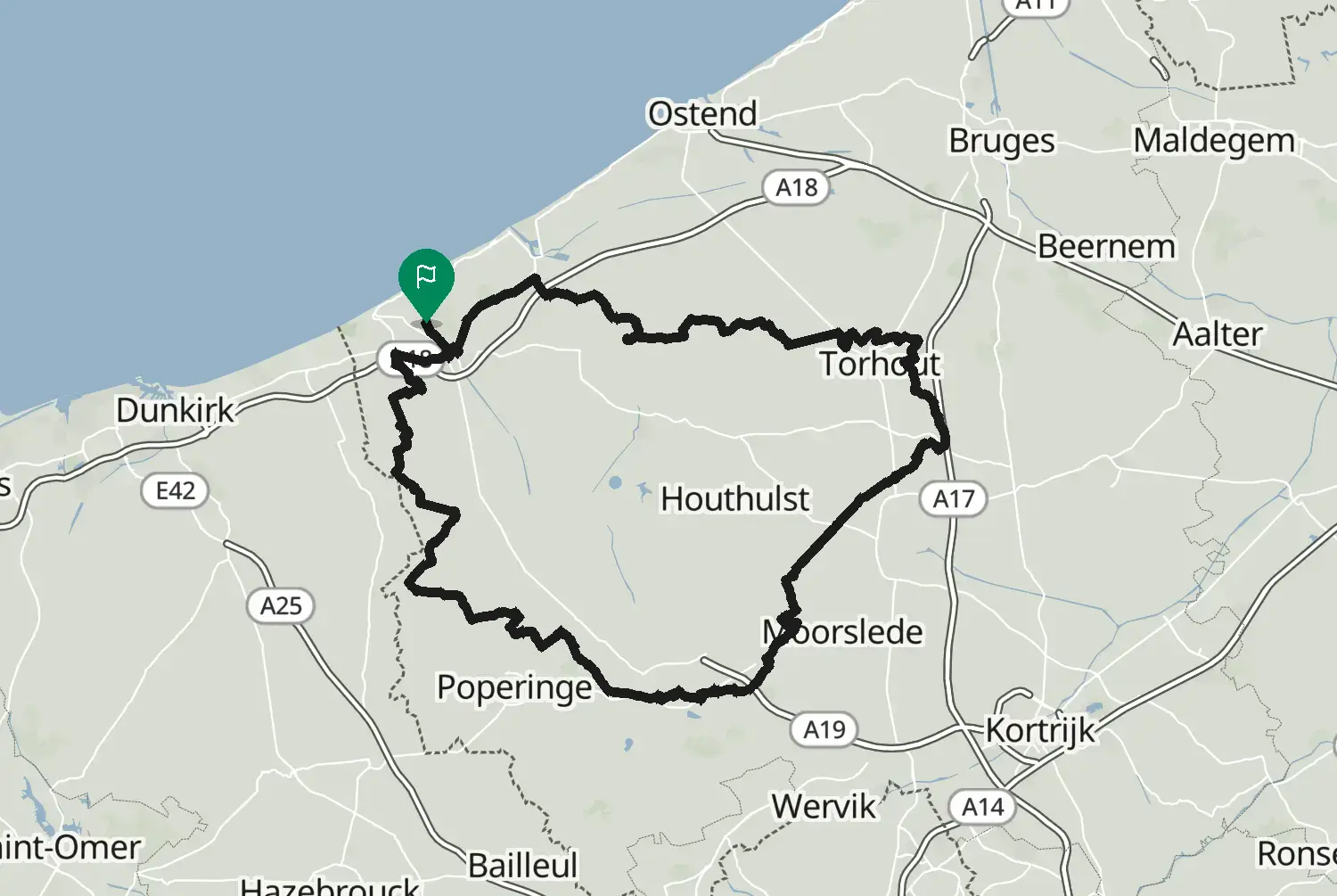 Route map of the De Kust motorcycle loop from Koksijde on the Belgian coast