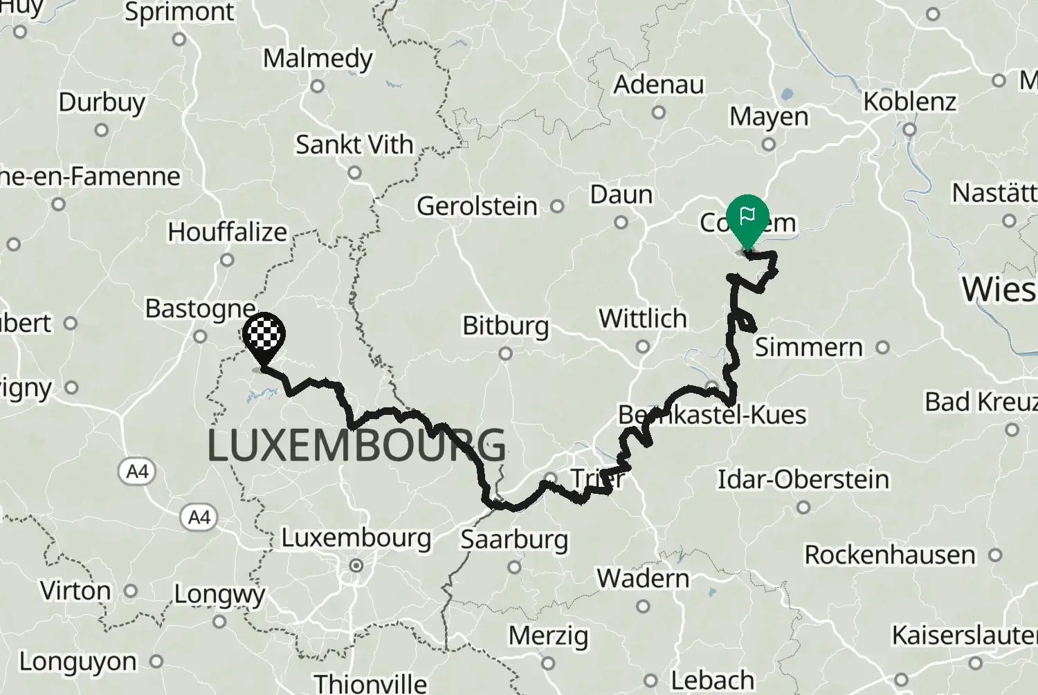 Route map of the Eifel and Moselle day 2 motorcycle stage, from Cochem to Lac de la Haute-Sûre