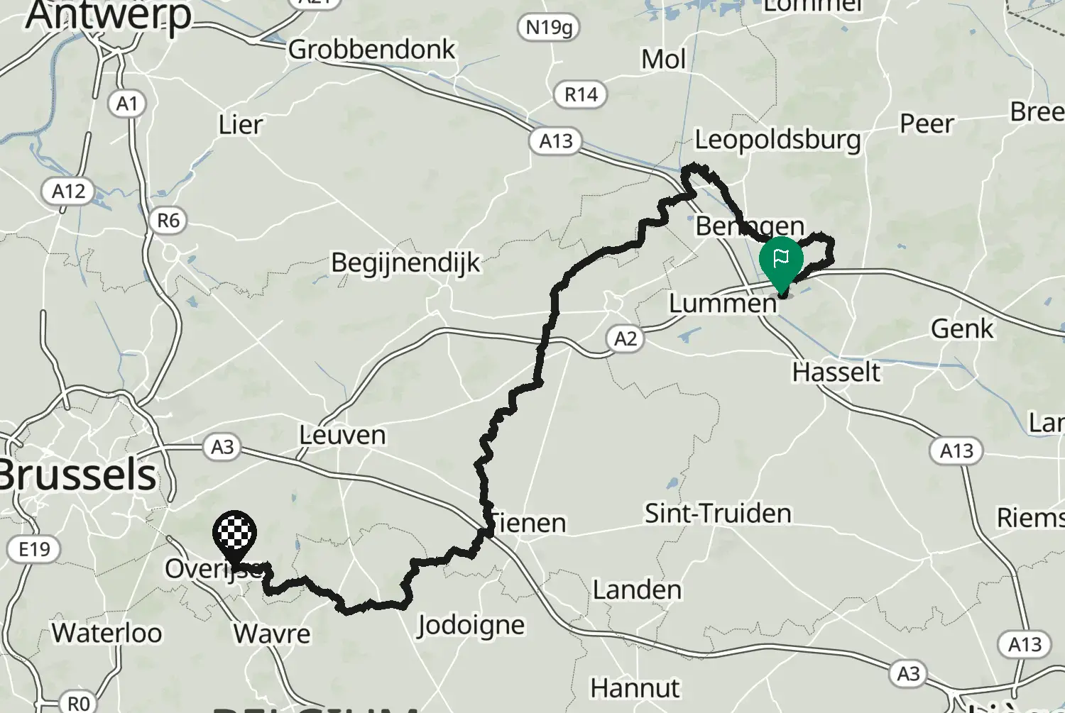 Route map of the motorcycle route Heusden-Zolder–Overijse