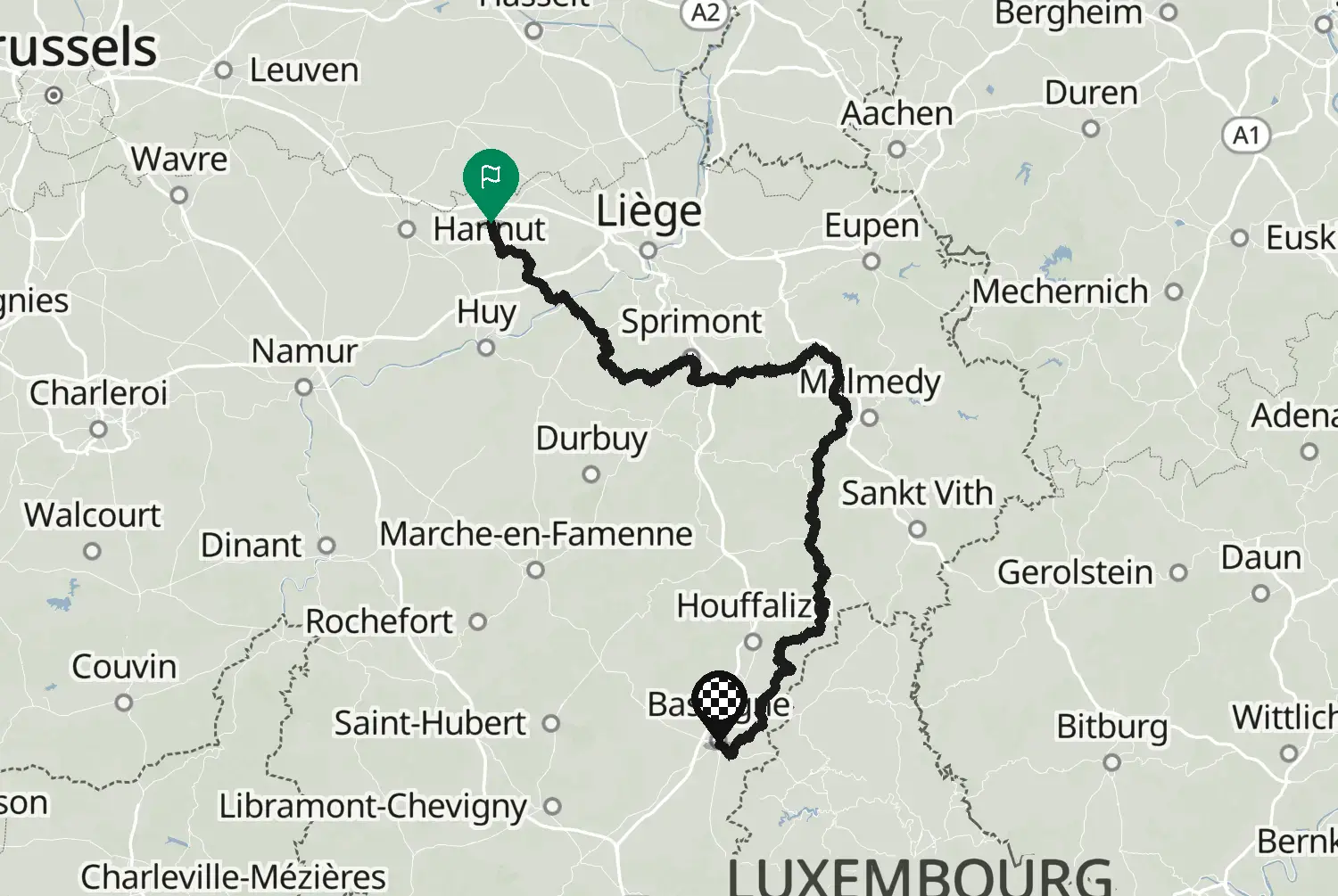 Route map of the motorcycle route Waremme–Bastogne