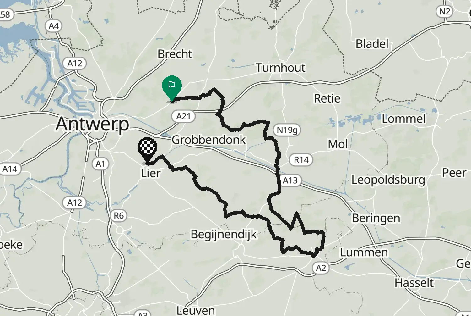 Route map of the motorcycle route from Zoersel to Lier