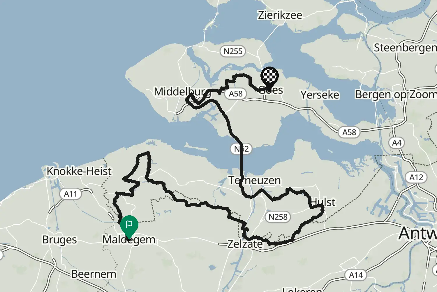 Route map of the motorcycle route Maldegem–Goes