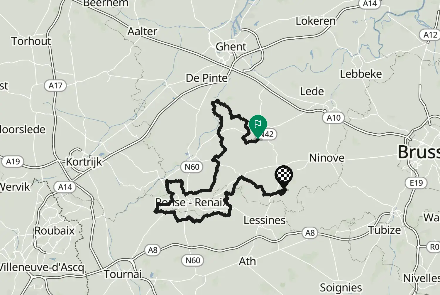 Route map of the motorcycle route from Zottegem to Geraardsbergen