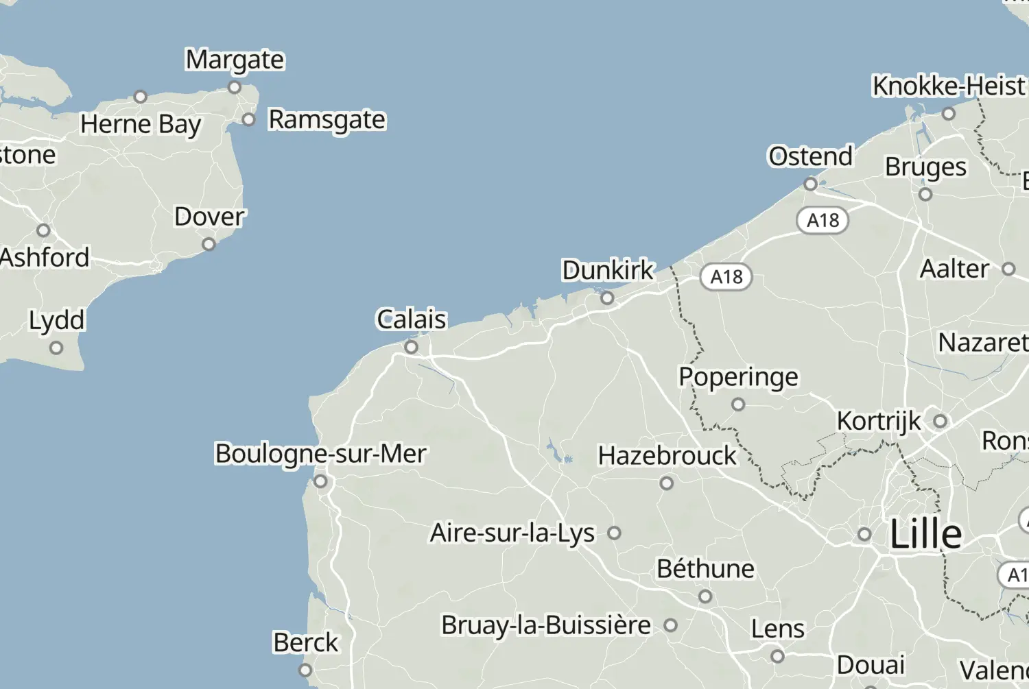Route map: Frans-Vlaanderen (Frankrijk) — West Flanders · Belgium