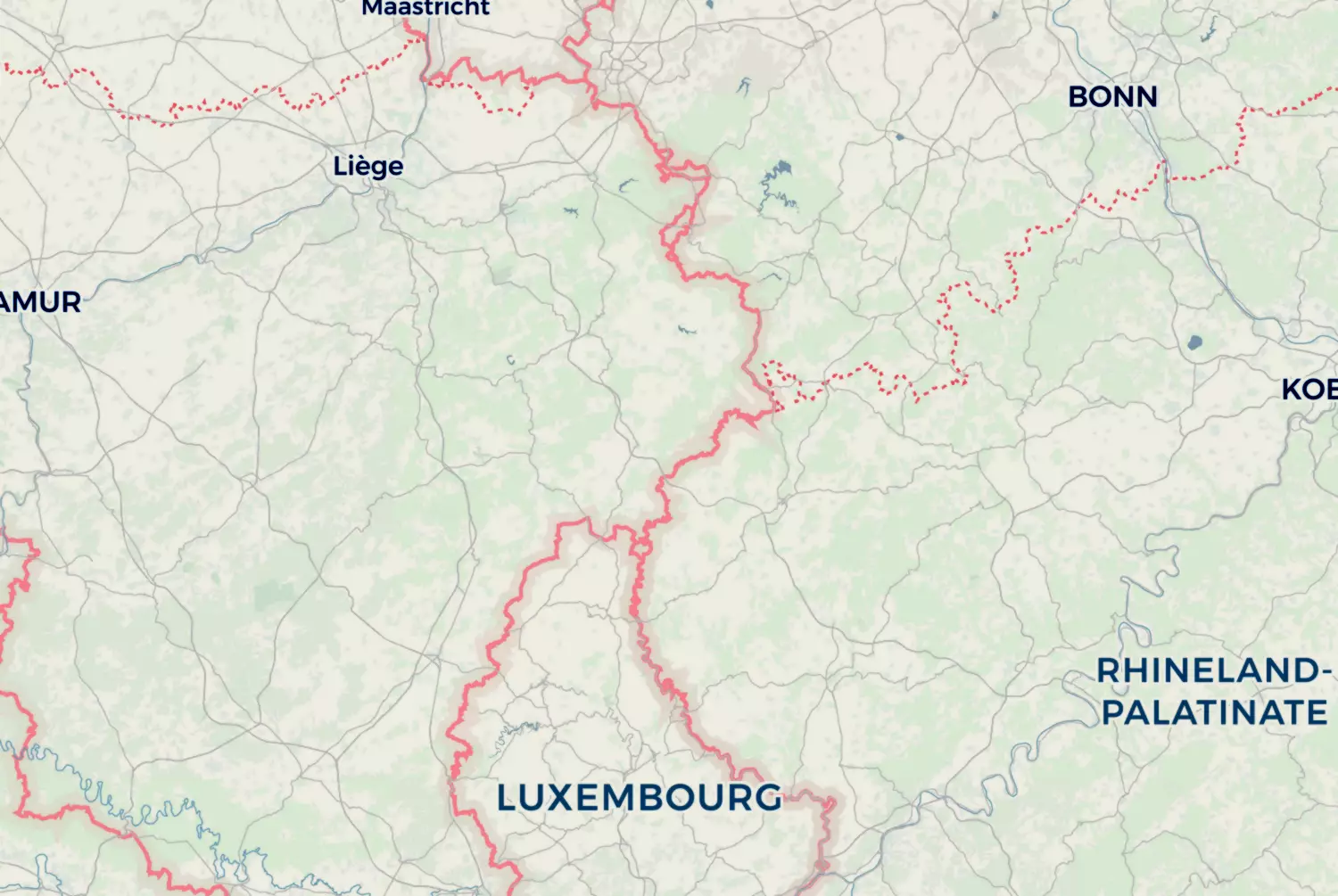 Route map: Ardennen — Dag 1 — Luxembourg · Belgium